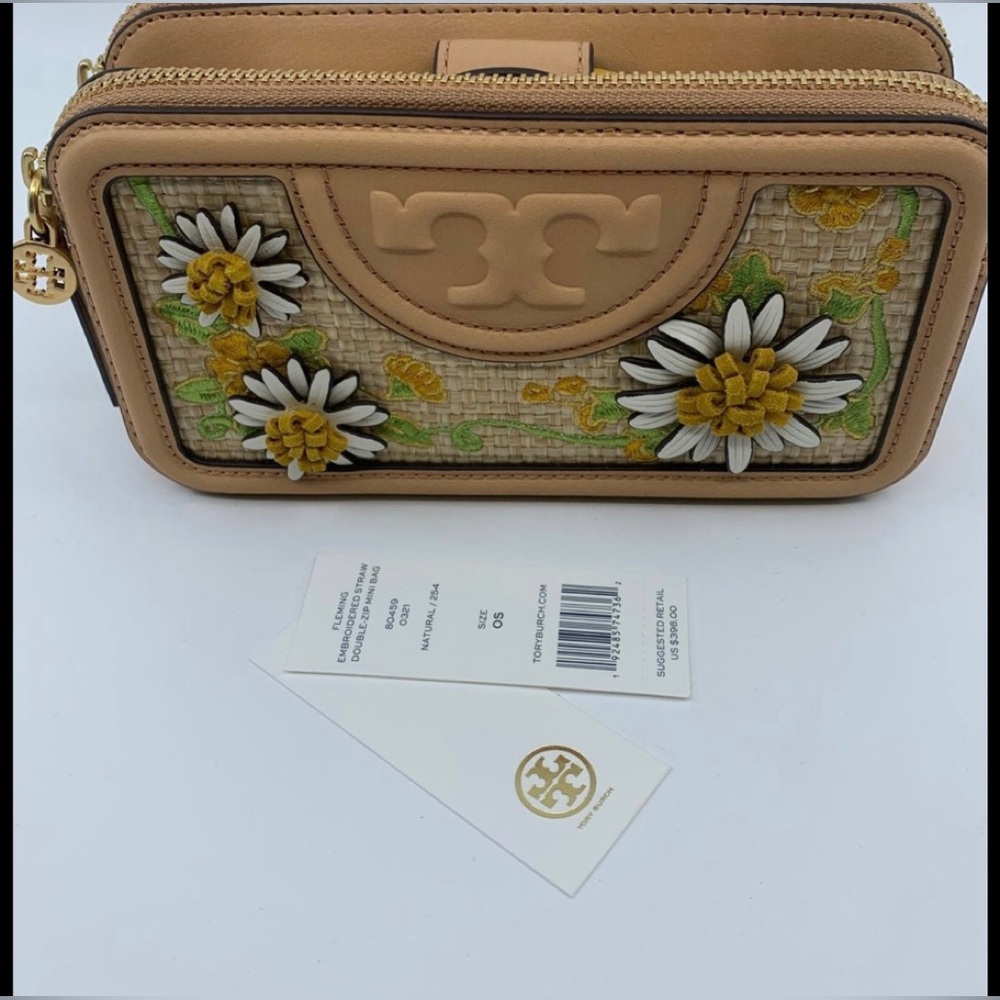 Tory Burch Floral/Straw Fleming Handbag